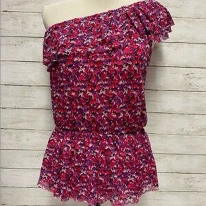 Express one shoulder pink floral lined top with elastic neckline & waist. Large